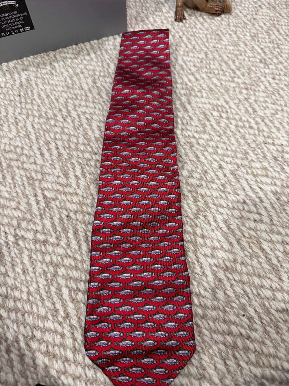 Red Patterned Men's Tie with Subtle Fish Motif